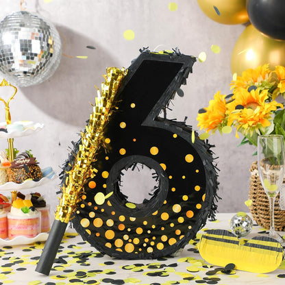 Poen Pinata for Birthday Party Decorations Black Gold Pinata with Blindfold Stick Confetti and Eye Mask for Party Supply Anniversary Baby Shower Retirement Supplies(Number 5)