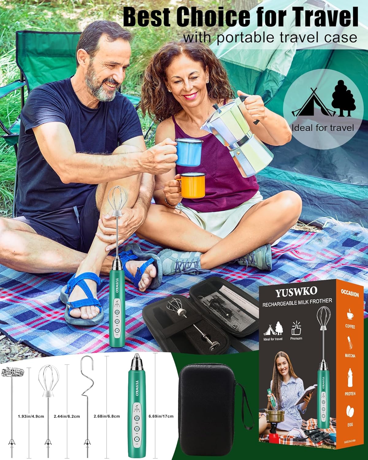 YUSWKO Black Handheld Milk Frother Wand for Coffee, Rechargeable Electric Whisk with 3 Heads 3 Speeds Drink Mixer Coffee Frother For Latte, Cappuccino, Hot Chocolate, Egg