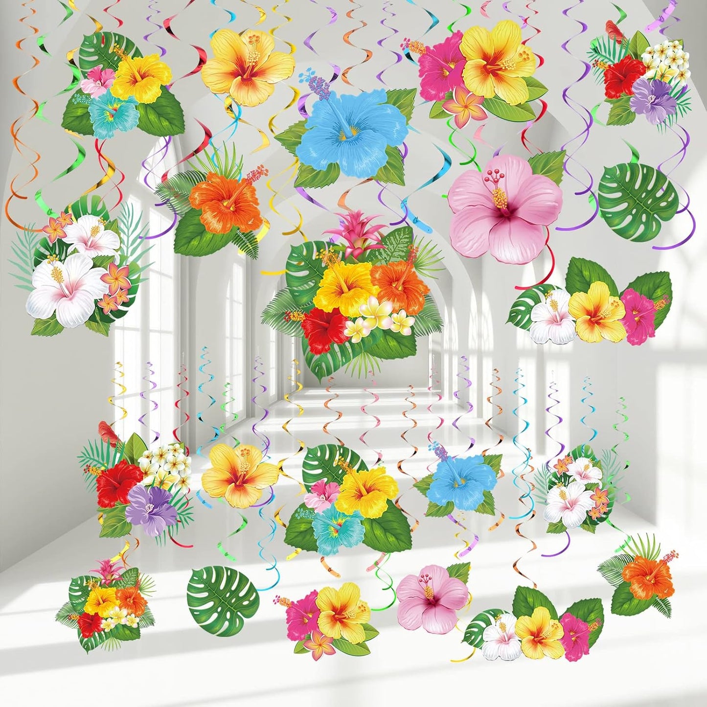 Outus 30 Pieces Hawaiian Luau Birthday Party Hanging Swirl Decorations, Flower Tropical Palm Flamingo Sign Foil Ceiling Decor for Floral Tropical Party Summer Beach Pool Tiki Supplies(Summer)