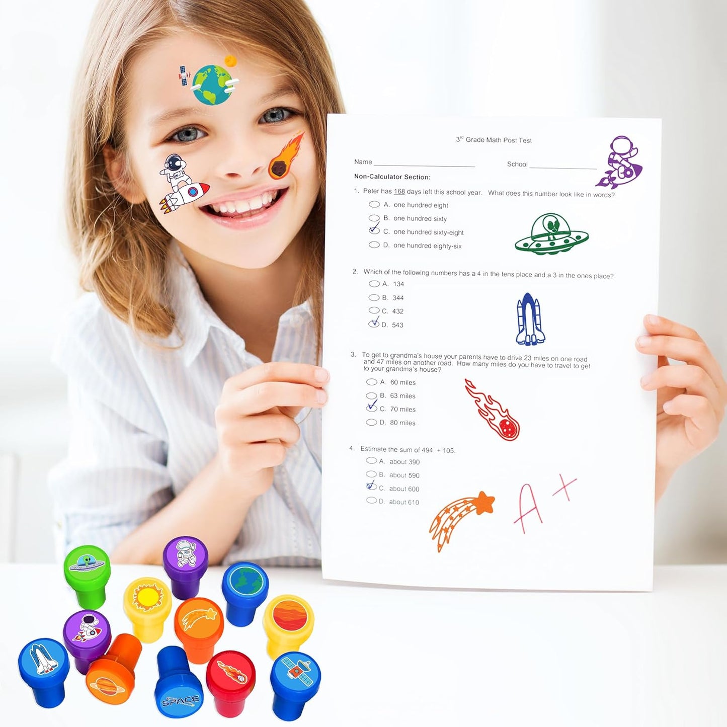 36PCS Space Party Favors - 24PCS Temporary Tattoos & 12PCS Stamps - Ideal Astronaut Galaxy Themed Birthday Card Decorations Supplies Goodie Bag Cute Rewards for Boys Girls Classroom Gifts Baby Shower