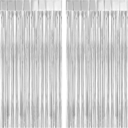 2 Pack 3.2ft x 8.2ft Silver Metallic Tinsel Foil Fringe Curtains, Door Streamer Photo Booth Backdrop for Birthday Graduation Engagement Bridal Shower Bachelorette Baby Shower Party Decorations