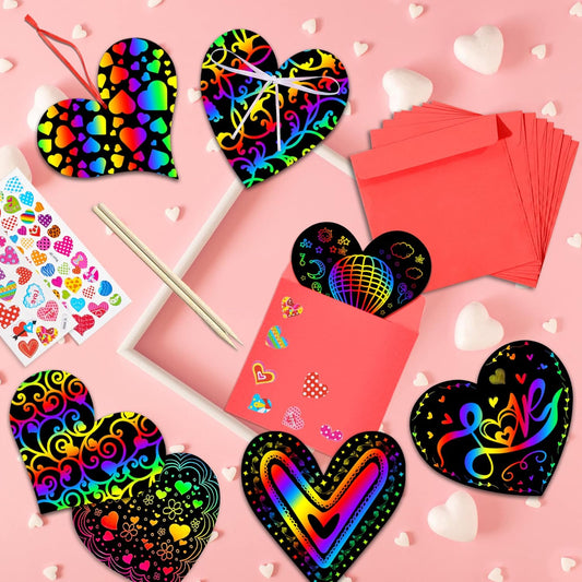 Natonhi 36 Pack Valentines Day Gifts Card,Heart Rainbow Scratch Art Paper Valentine Crafts Party Favors Classroom Exchange Prizes