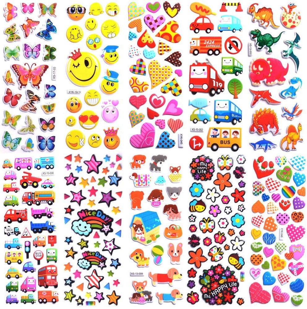 Stickers for Kids 1000+, 3D Puffy Stickers for Kids Toddlers 40 Different Sheets Variety Pack for Scrapbooking, Gifts, Rewards Including Animals, Stars, Fishes, Hearts, Dinosaurs, Cars and More