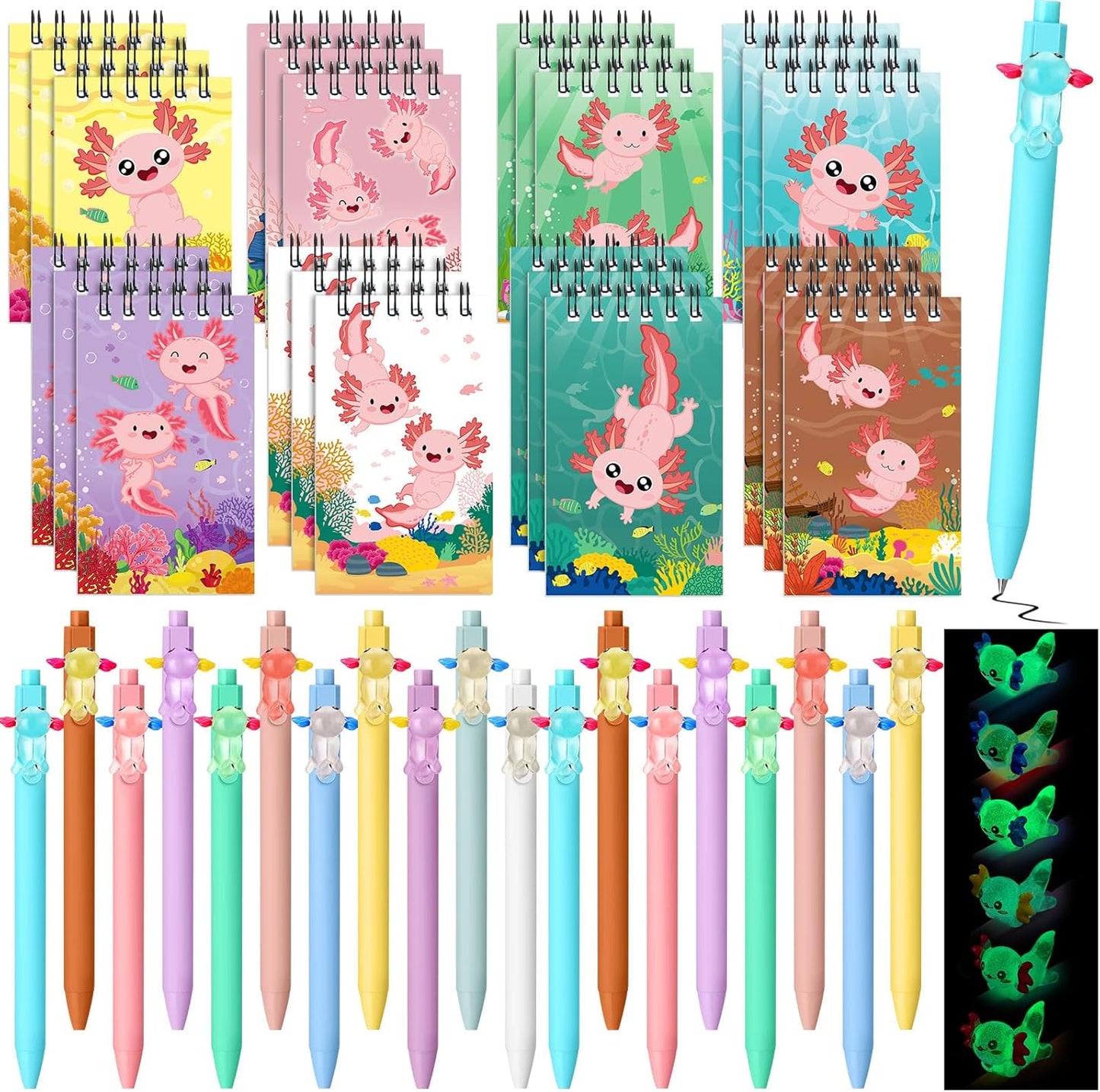 AmazingSpark 48 Pcs Axolotl Party Favors Axolotl Mini Notebooks with Pens Cute Animal Pocket Notepads Retractable Pens Gift for Back to School Birthday Party Favors