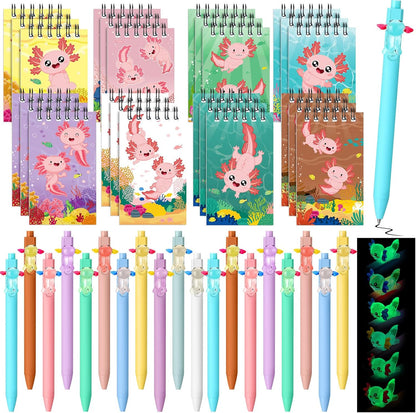 AmazingSpark 48 Pcs Axolotl Party Favors Axolotl Mini Notebooks with Pens Cute Animal Pocket Notepads Retractable Pens Gift for Back to School Birthday Party Favors