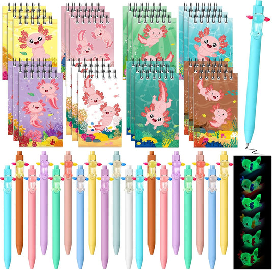 AmazingSpark 48 Pcs Axolotl Party Favors Axolotl Mini Notebooks with Pens Cute Animal Pocket Notepads Retractable Pens Gift for Back to School Birthday Party Favors