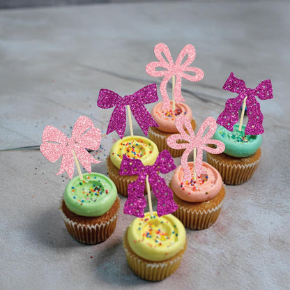 Ephlyn 24Pcs Pink Bow Cupcake Toppers Bow Birthday Cake Topper Girls Birthday Party Decorations Bowknot Cupcake Decorations for Bridal Wedding Themed Party Multi