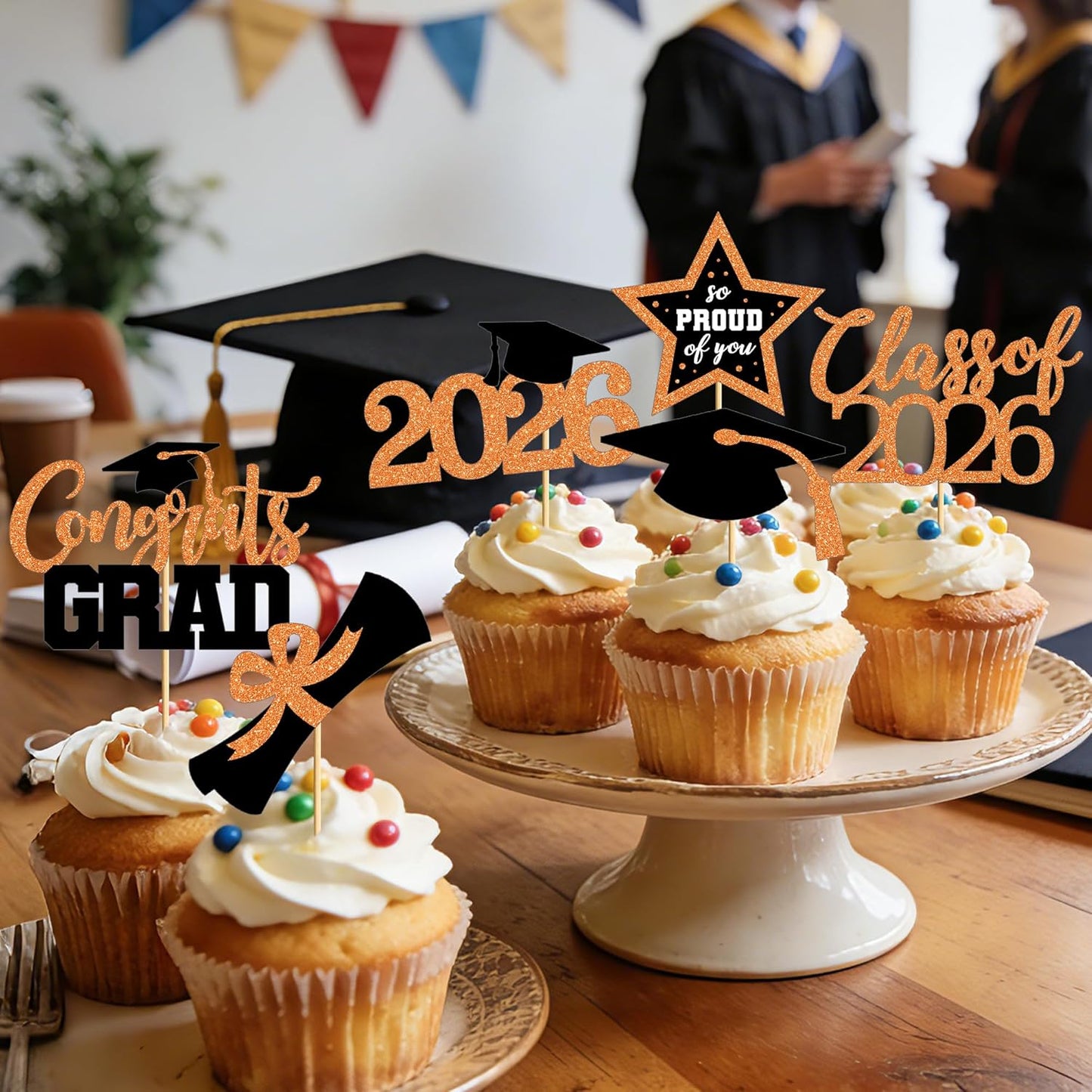 48 PCS Graduation Cupcake Toppers, Glittery 6 Styles Congrats Grad Cake Topper, Black and Red Graduation Decorations 2026, Cap and Diploma Cake Picks for Grad Party Supplies