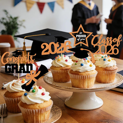 48 PCS Graduation Cupcake Toppers, Glittery 6 Styles Congrats Grad Cake Topper, Black and Red Graduation Decorations 2026, Cap and Diploma Cake Picks for Grad Party Supplies