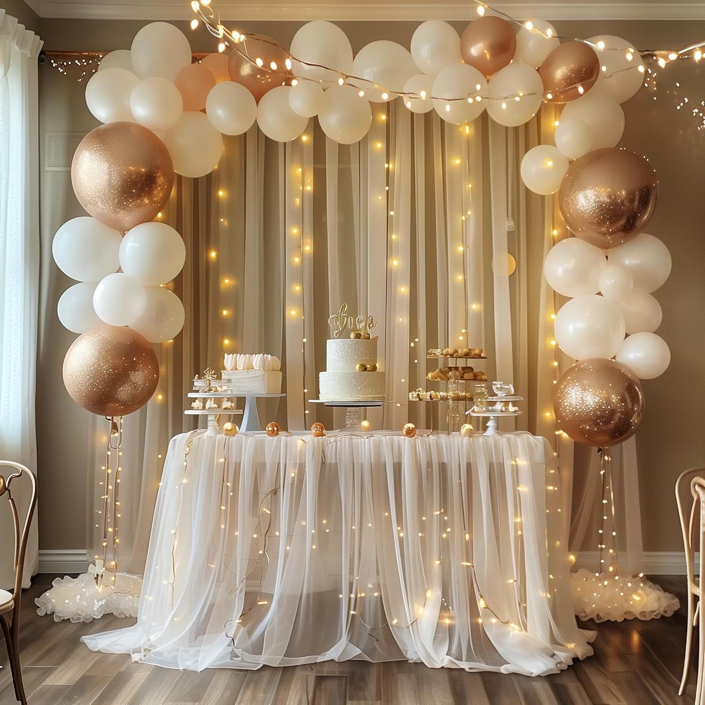 Fomcet Tulle Backdrop Curtains with Lights String White 10FT X 8FT Sheer Curtain with Lights Tulle Curtains Backdrop for Wedding Birthday Party Baby Shower Photo Shoot (2 Panels 5x8FT)