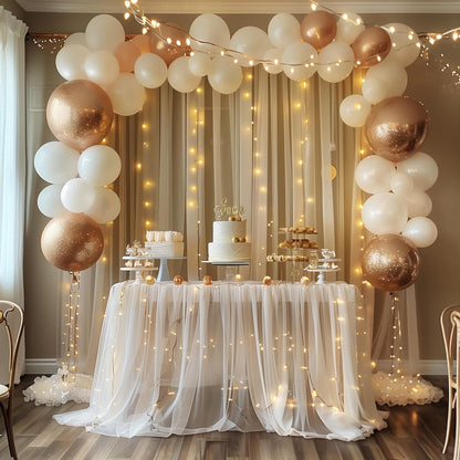 Fomcet Tulle Backdrop Curtains with Lights String White 10FT X 8FT Sheer Curtain with Lights Tulle Curtains Backdrop for Wedding Birthday Party Baby Shower Photo Shoot (2 Panels 5x8FT)