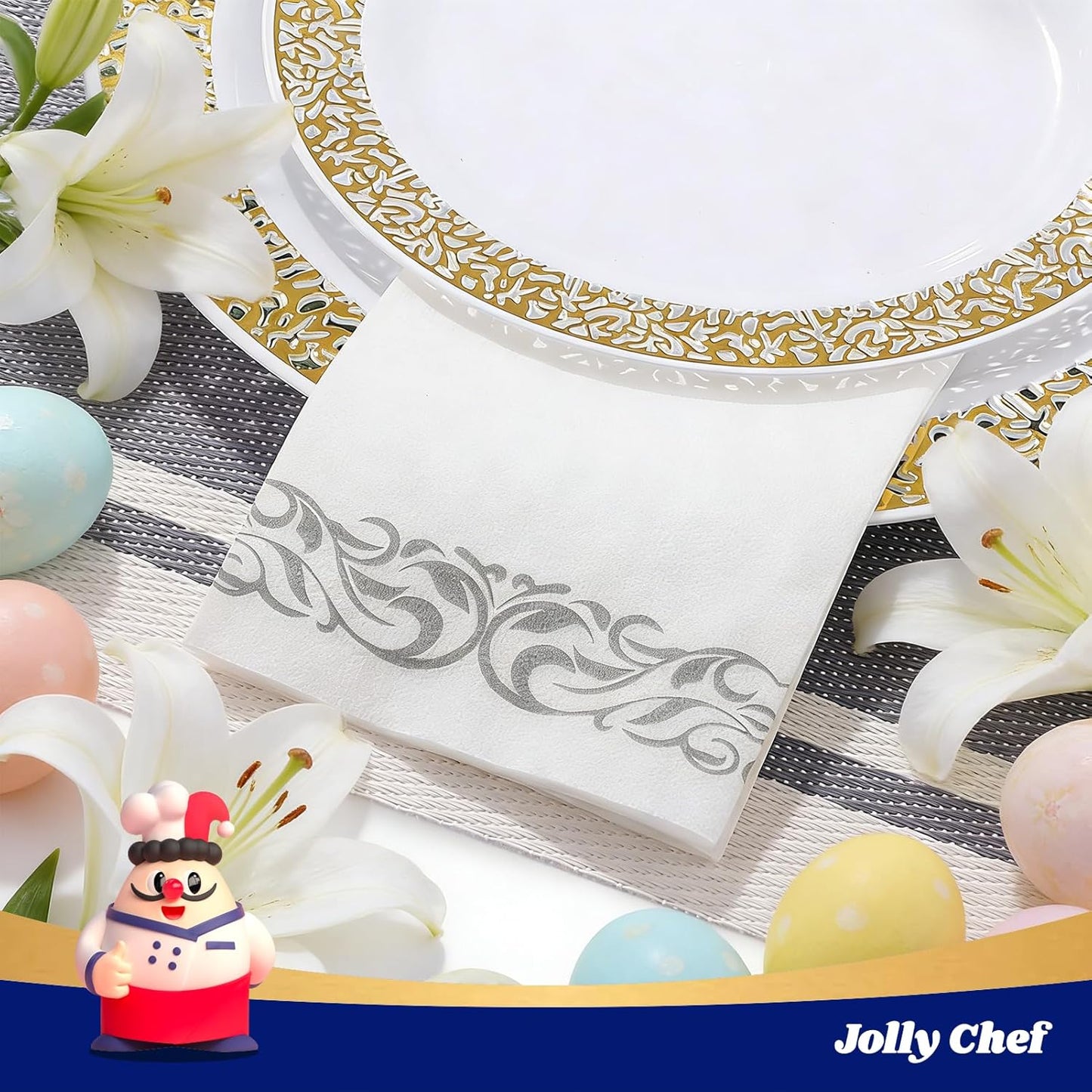 JOLLY CHEF 100 Disposable Hand Towels, Soft and Absorbent Linen Feel Dinner Napkin, Elegant Decorative Paper Guest Towels for Kitchen, Bathroom,Thanksgiving, Weddings,Parties, Gold and White