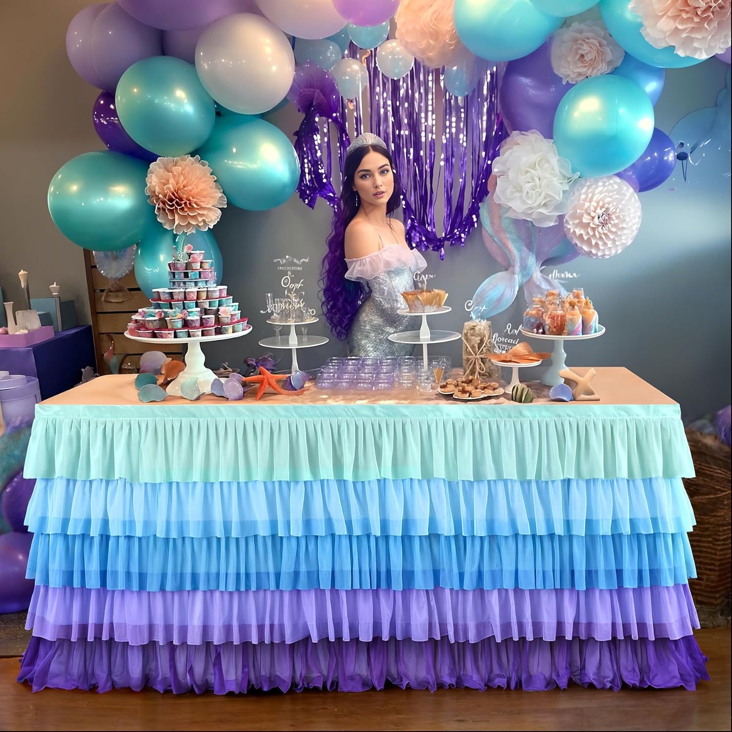 6ft Rainbow Tutu Table Skirt for Rectangle Round Tables Chiffon Table Cloth for Birthday Party Decorations Baby Shower Parties Ruffle Table Skirting