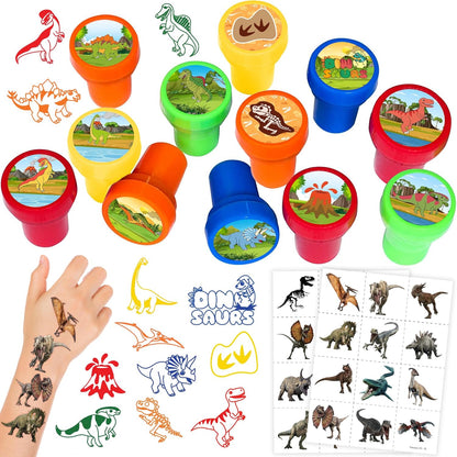 36PCS Dinosaur Party Favors - 24PCS Pre-Cut Temporary Tattoos & 12PCS Stamps - Ideal Dino Fossil Themed Birthday Card Decorations Supplies Goodie Bag Baby Shower Kids Gifts Classroom Rewards Prizes