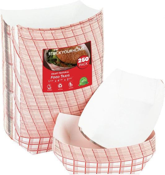 Stock Your Home 100-Pack 3 lb Paper Food Trays – Red & White Checkered Disposable Paper Food Boats, Eco-Friendly Serving Trays for Concessions, Nachos, Snacks & Condiments – 5.75" x 3"