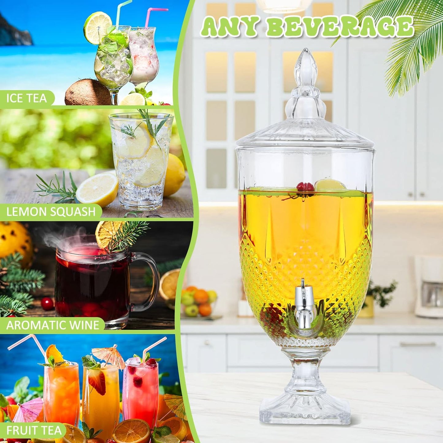 Bokon 2 Pieces Drink Dispensers for Parties Crystal Iced Beverage Dispenser with Stand and Spigot, Glass Liquid Containers Wide Mouth Beverage Server for Juice Tea Wedding (Exquisite)