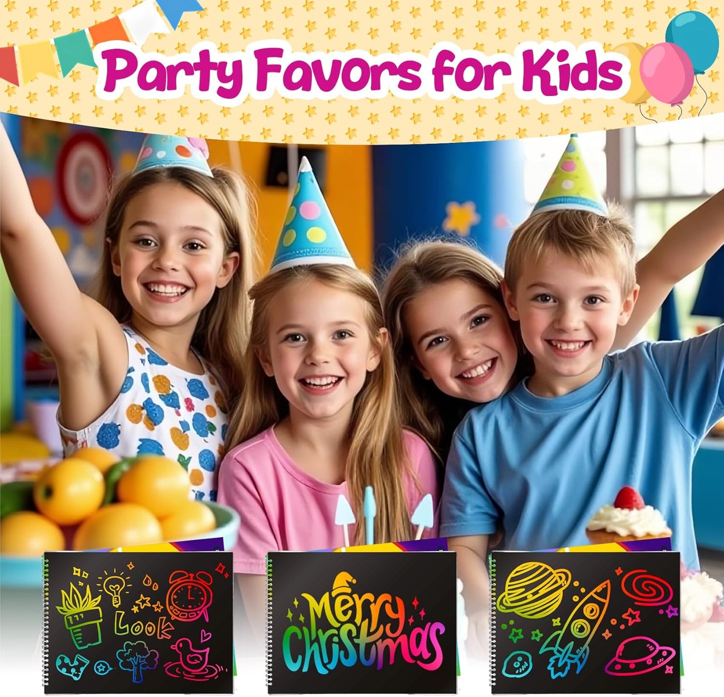 Decojoy Party Favors for Kids 4-8, Scratch Art Birthday Return Gifts, Bulk Rainbow Scratch Paper Notebook 24 Set with Reusable Stencils, Christmas Goodie Bags Stuffers for Girls Boys School Classroom