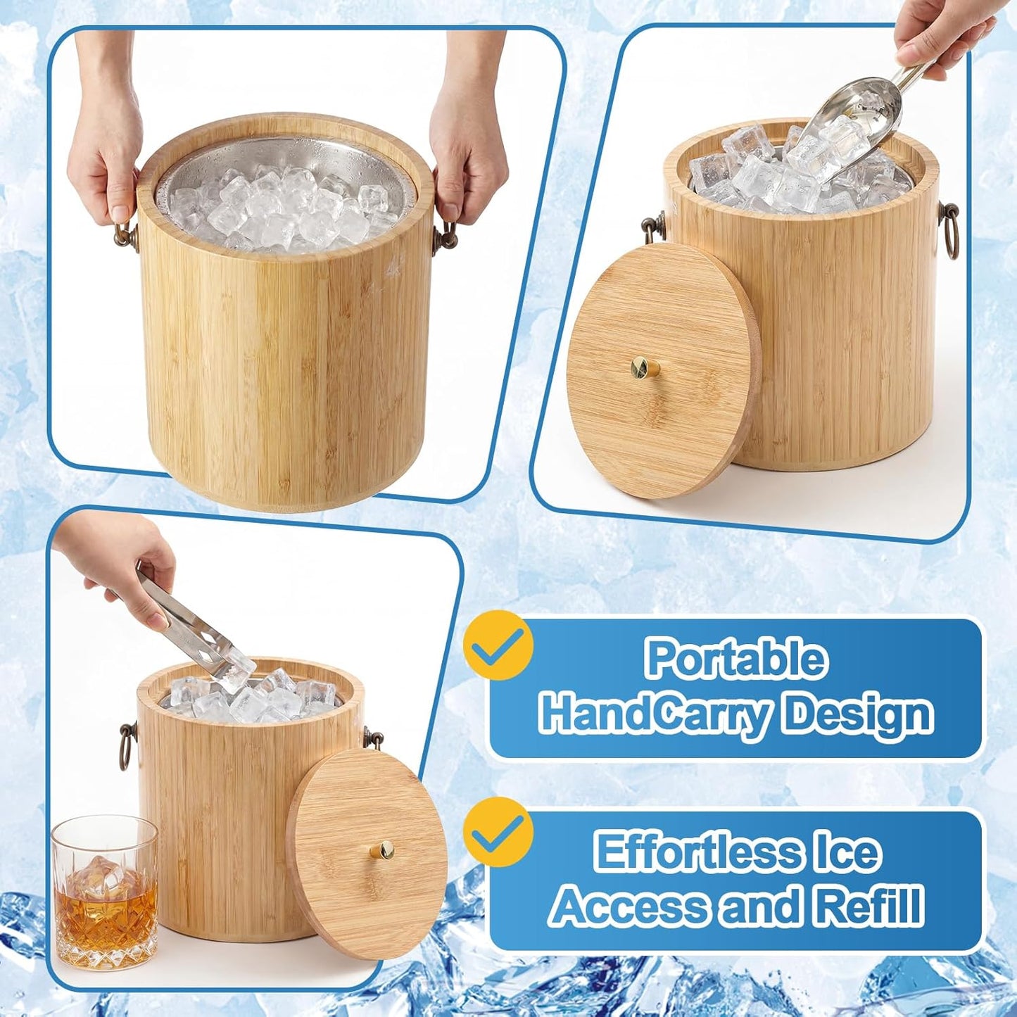 Honeydak 3L Bamboo Ice Bucket with Stainless Steel Interior, Insulated Ice Bucket with Lid & Handles, Includes Scoop & Tongs, for Champagne, Wine, Cocktails, Parties, Bars, Home, Outdoor