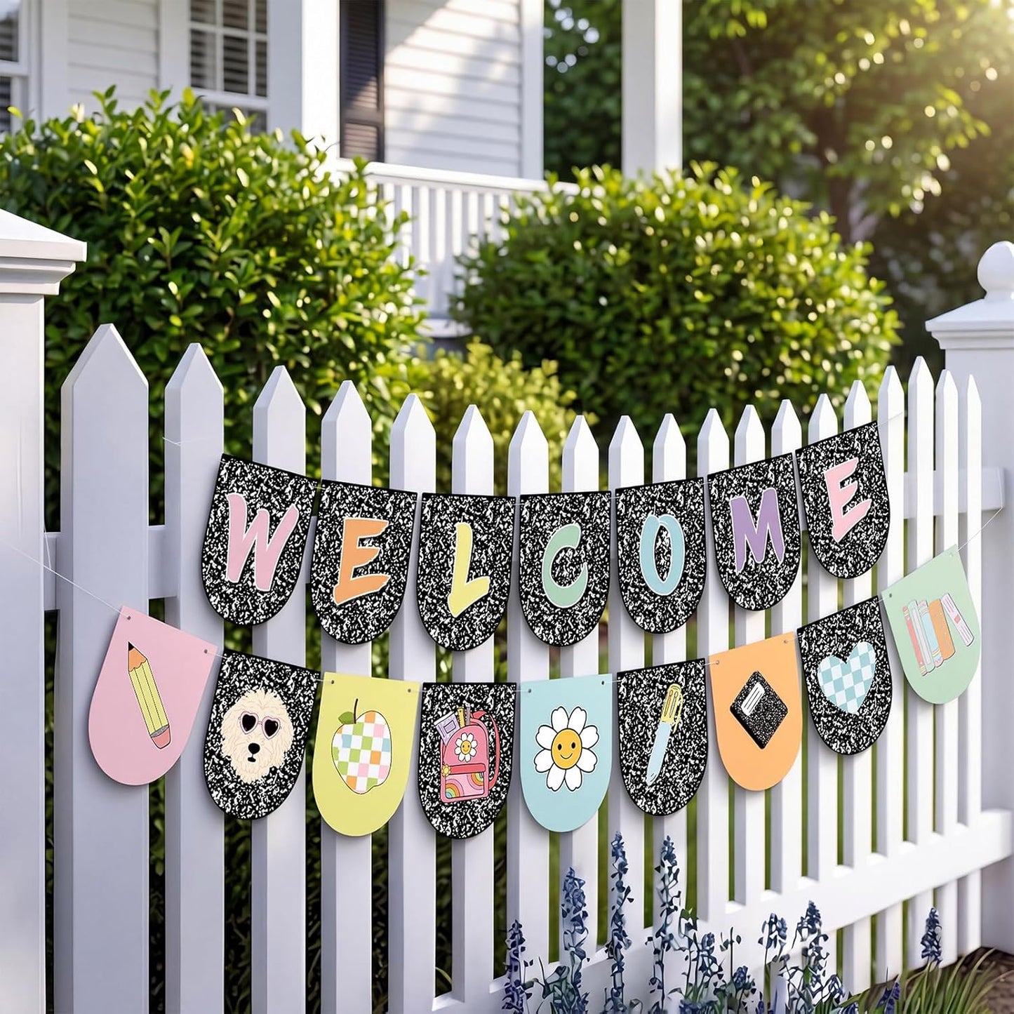 Welcome Back to School Banner, Composition Notebook Classroom Decor, First Day of School Banner Welcome Sign for Classroom Decorations Office Home Decor Party Supplies