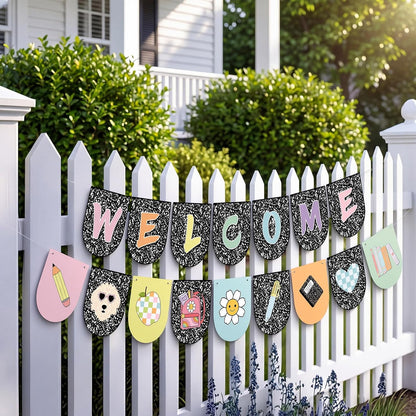 Welcome Back to School Banner, Composition Notebook Classroom Decor, First Day of School Banner Welcome Sign for Classroom Decorations Office Home Decor Party Supplies