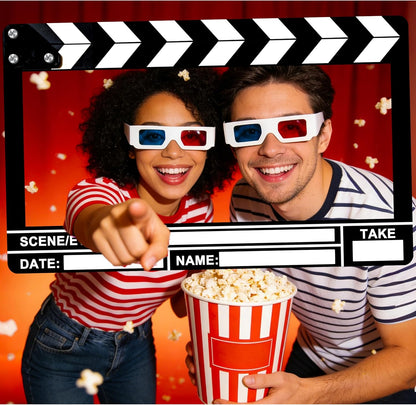 Movie Night Photo Booth Props 22.45x14.18 Inch Movie Theme Photo Booth Fame Prop Selfie Frame Film Clapper Board for Birthday Graduation Festivals Anniversary Wedding Party Supplies