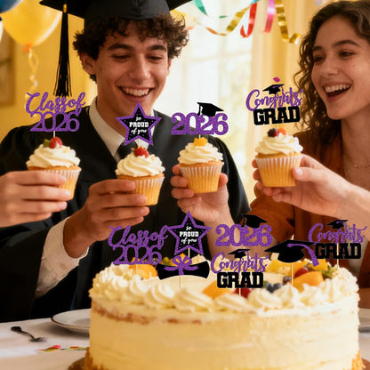 48 PCS Graduation Cupcake Toppers, Glittery 6 Styles Congrats Grad Cake Topper, Black and Red Graduation Decorations 2026, Cap and Diploma Cake Picks for Grad Party Supplies