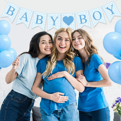 Hahafelt 1 Pcs Blue Gingham Welcome Baby Boy Banner for Baby Shower Party Decorations Pre Strung Gender Reveal Paper Banner for Table, Wall, Mantel Display Party Decor Supplies