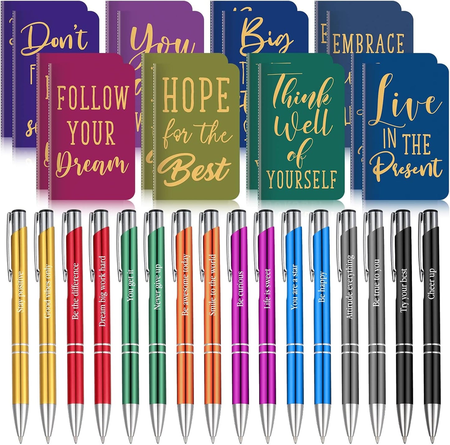 Funrous 32 Pcs Motivational Quote Pens Inspirational Notepads Mini Journal with Ballpoint Pen Small Notebooks Gift for Men Women Coworker Adult Party Favors Prize Teacher Student Office(Stylish)