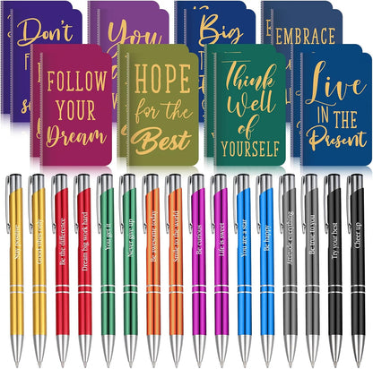 Funrous 32 Pcs Motivational Quote Pens Inspirational Notepads Mini Journal with Ballpoint Pen Small Notebooks Gift for Men Women Coworker Adult Party Favors Prize Teacher Student Office(Stylish)