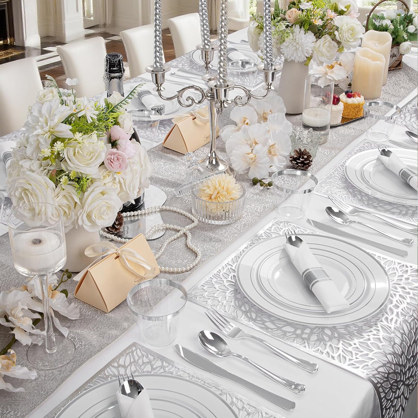 350 Pieces Black and Gold Plastic Plates with Disposable Silverware, Include 50 Dinner Plates 9”, 50 Dessert Plates 6.3”, 50 Black Cups 9 OZ, 50 Pre Rolled Napkins for Wedding Party Graduation