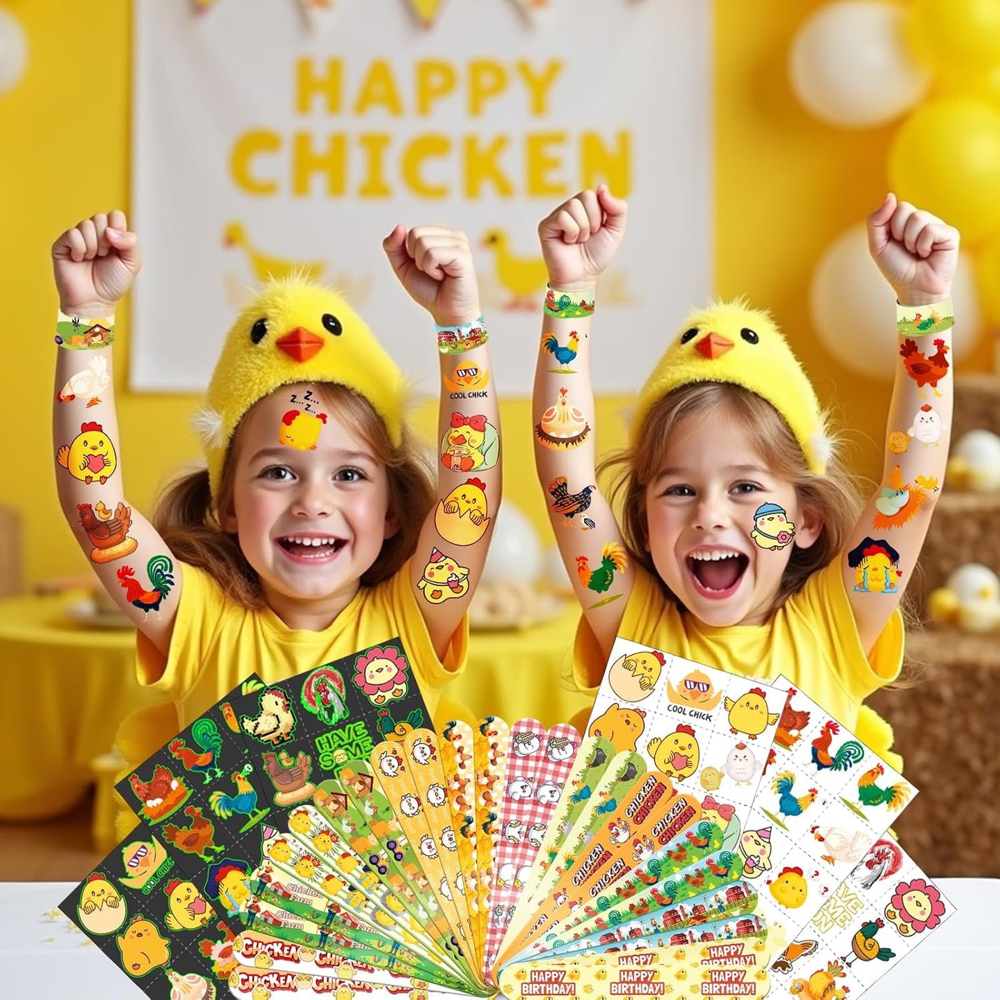 96 PCS Chicken Party Favors Set – 72 Pre-Cut Temporary Tattoos & 24 Slap Bracelets for Kids, Perfect for Farm-Themed Birthday Parties, Classroom Rewards & Barnyard Celebrations