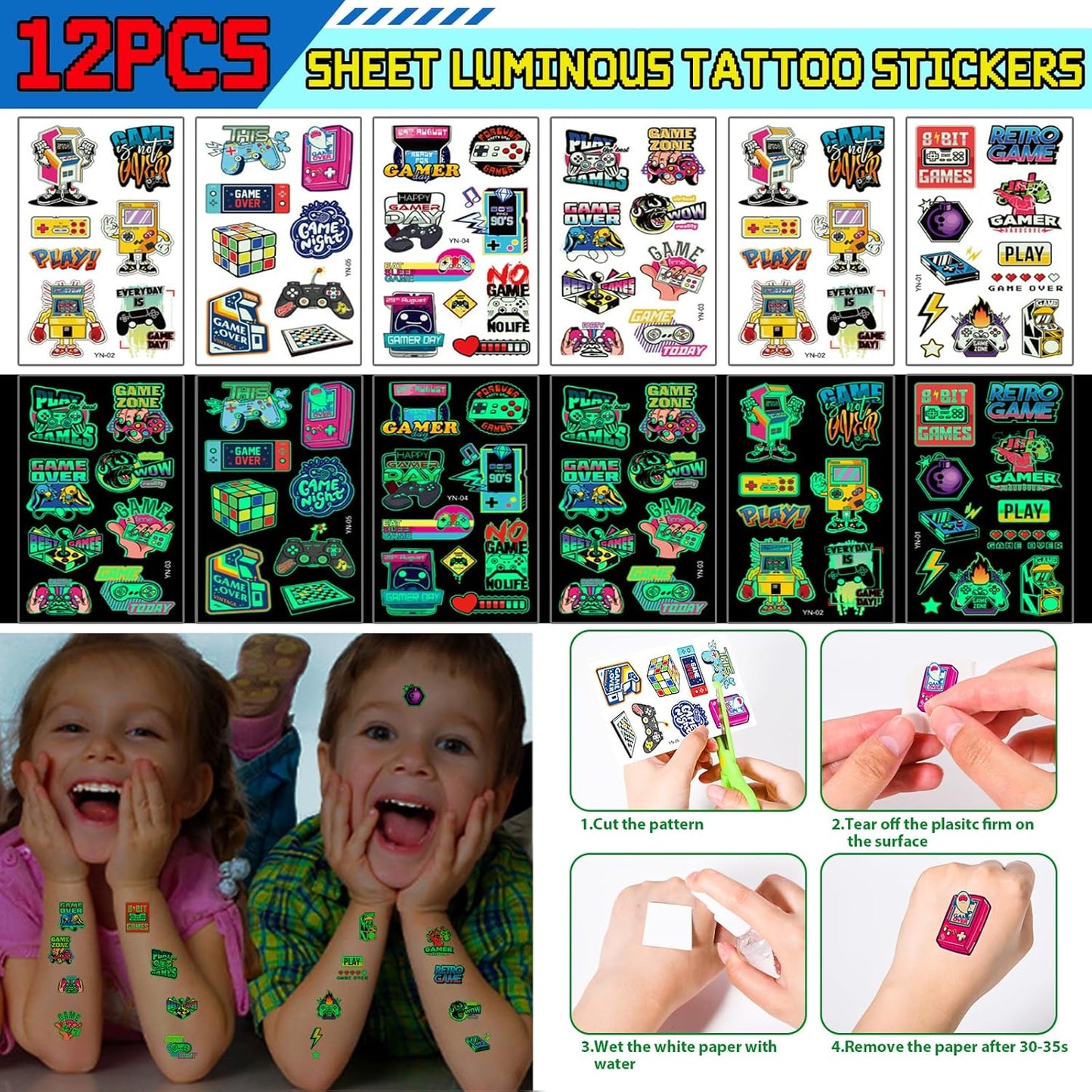 60Pcs Video Game Party Favors Gamer Birthday Party Supplies for Kids Non Woven Bags Silicone Bracelet Stamper Keychain Glow Sticker Game on Gift Goodie Treat Bag Fillers Boy Gaming Party Favors
