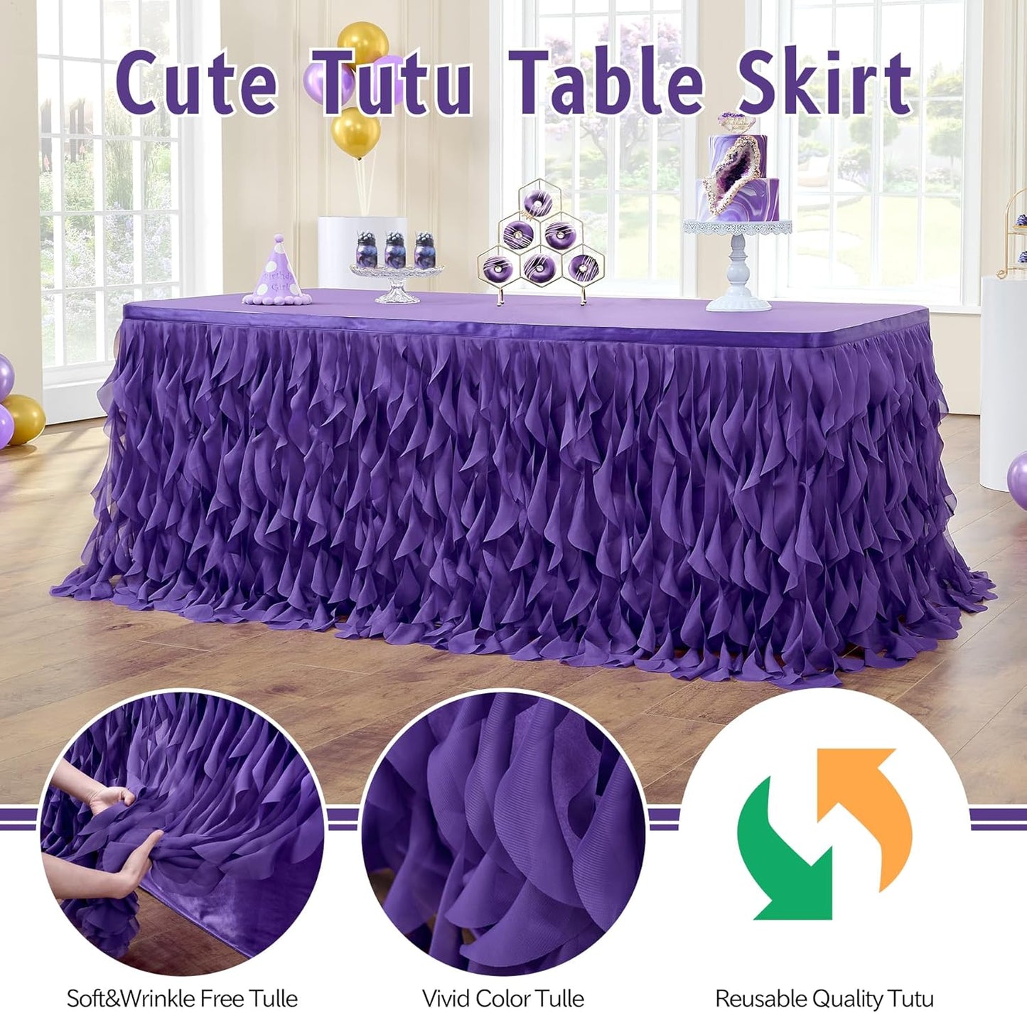 leegleri 6FT Tulle Ruffle Curly Willow Table Skirt for Rectangle or Round Tables, Under The Sea Ocean Blue Baby Shark Themed Tutu Table Skirt for Baby Shower, Birthday Party