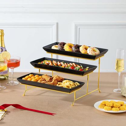 MALACASA 3 Tier Serving Trays for Party, Porcelain Serving Platters and Trays, 12 Inch Tiered Tray Stand, Fruit Tray, Trays for Serving Food, White Dessert Stand with Collapsible Sturdier Metal Rack