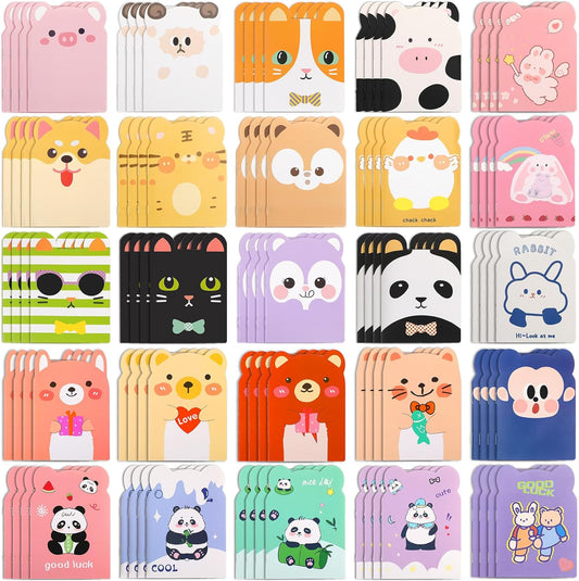 Wovnet 100 Packs Mini Notebooks Party Favors Animal Small Cute Pocketbook Bulk Cartoon Cat Dog Rabbit Bear Monkey Themed for Christmas Gift