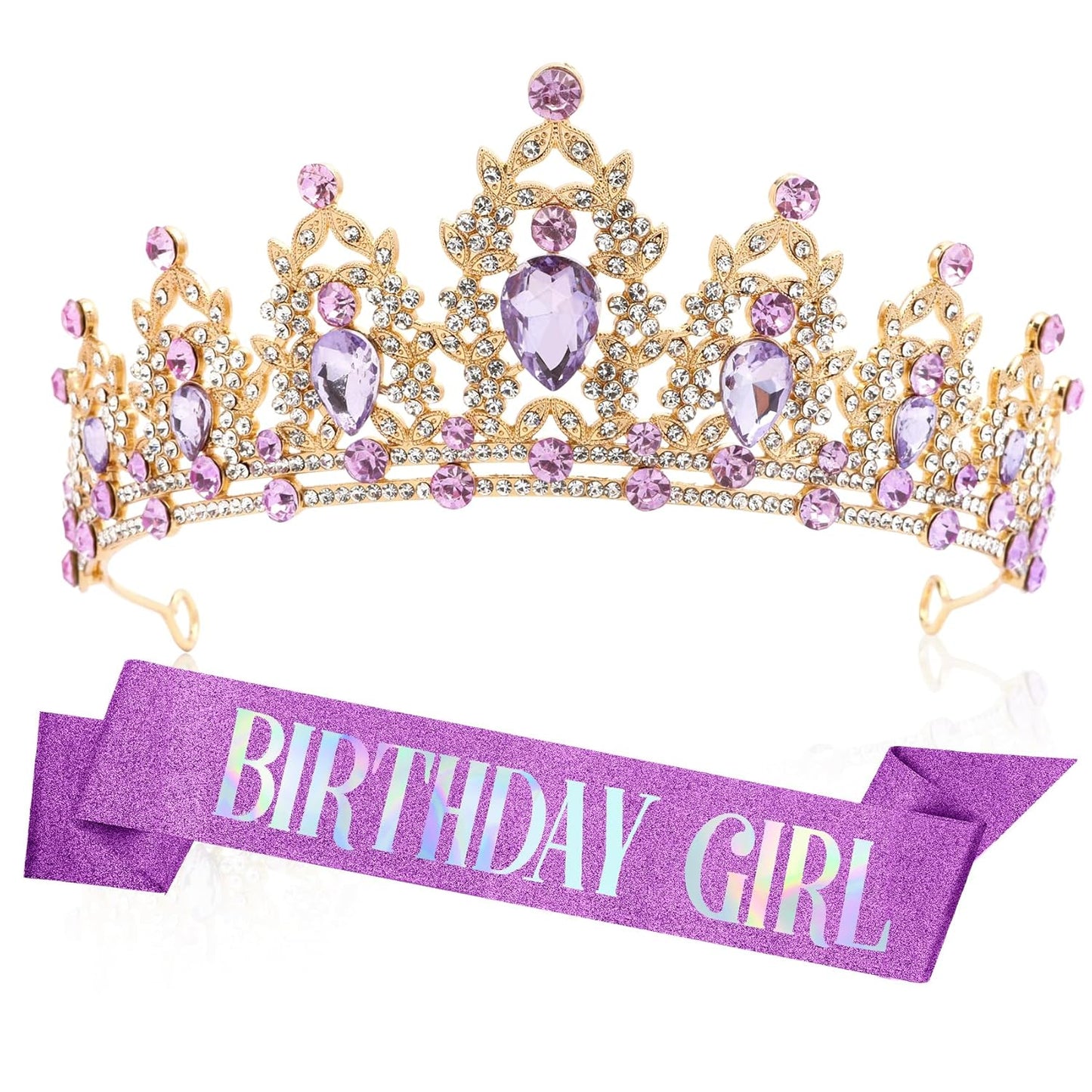 Silver Birthday Crown Headband with Sash for Women - Rhinestone Tiara for Birthday Parties