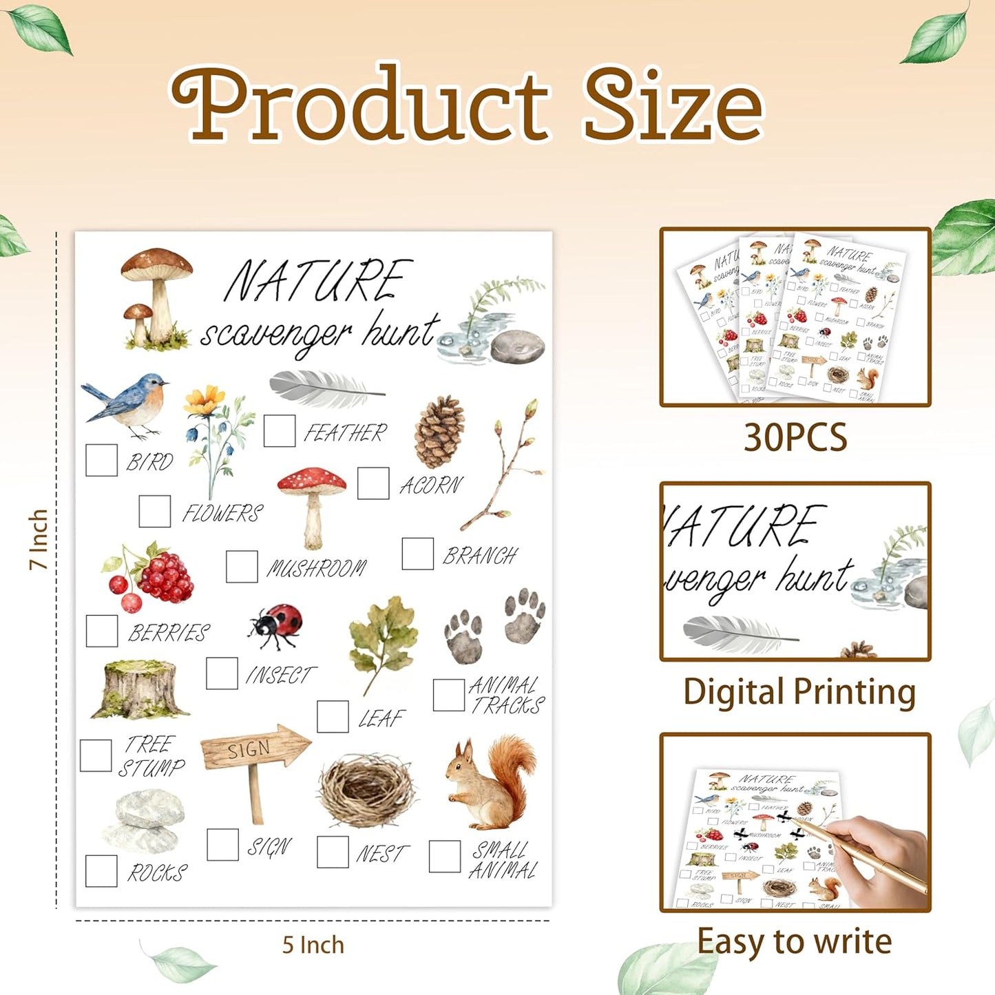 30Pcs Nature Scavenger Hunt Cards, Scavenger Hunt Cards Road Trip and Travel Activities, Spring Summer Holiday Party Supplies, Camping Games Outdoor Indoor Seek Activity-A02