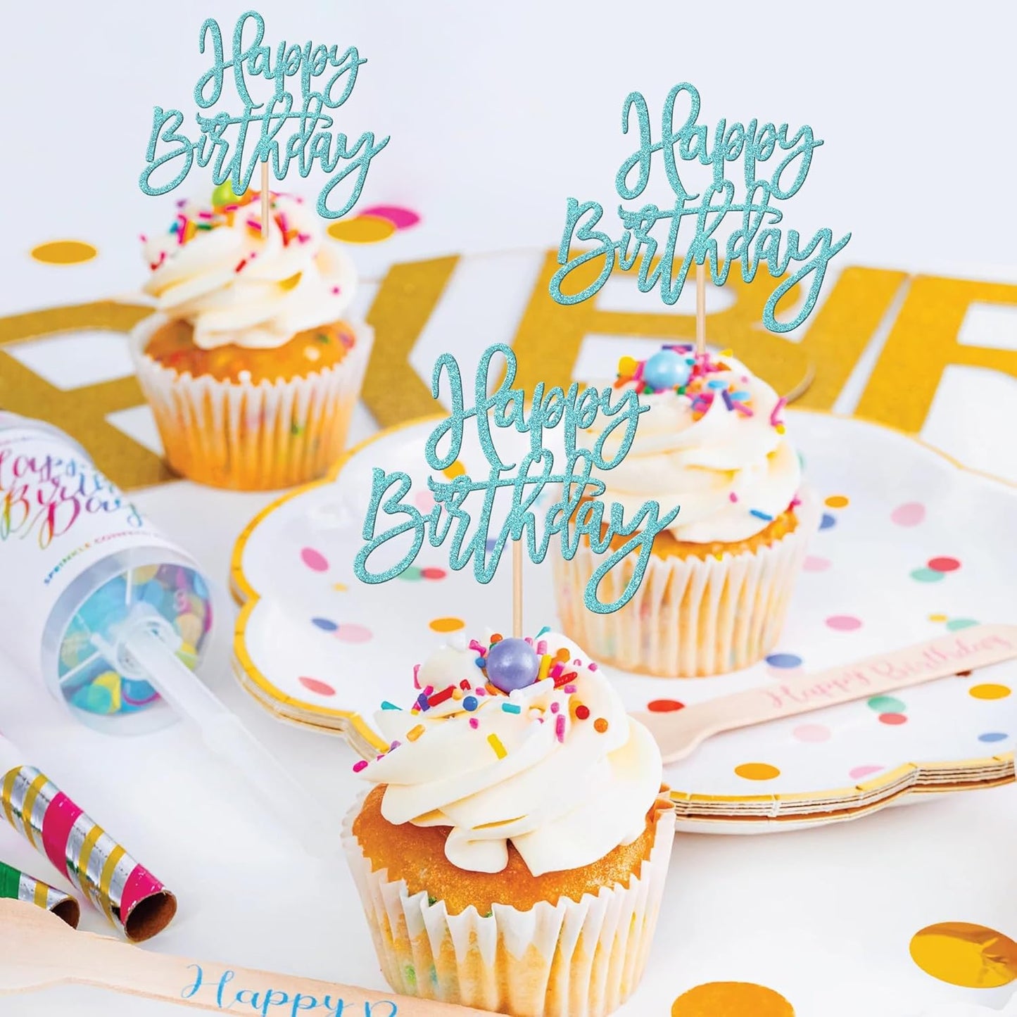 24 PCS Happy Birthday Cupcake Toppers Glitter Picks for Celebrating Anniversary Theme Party Cake Decorations Supplies Gold