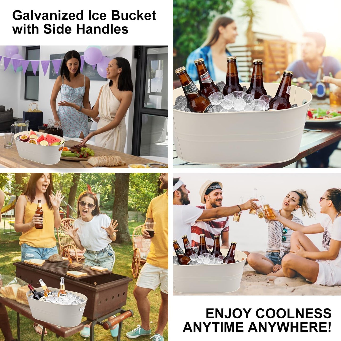 3 PCS 15.3 x 9 x 6 inches White Metal Galvanized Tub with Iron Handles, 3 Gallon Beverage Tubs for Parties, Large Ice Buckets for Beer, Wine, Cocktails & Outdoor Events
