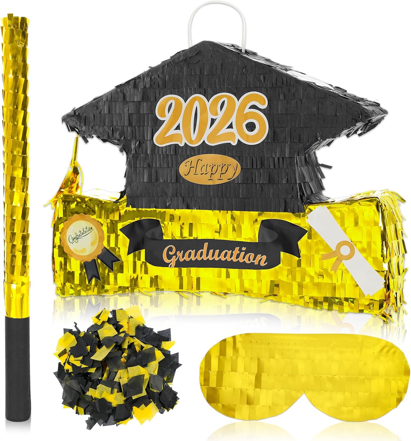 2026 Graduation Piñata with Stick,Blindfold,Confetti - 15.8 Inch Congrats Grad Cap Piñata Yellow End of Year Piñata Party Decoration for Kindergarten School Elementary College Games (Style 2)