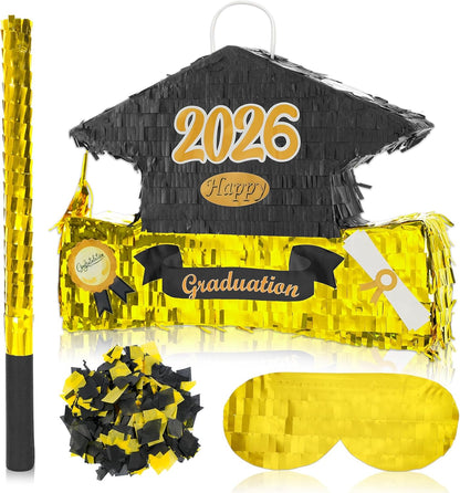 2026 Graduation Piñata with Stick,Blindfold,Confetti - 15.8 Inch Congrats Grad Cap Piñata Yellow End of Year Piñata Party Decoration for Kindergarten School Elementary College Games (Style 2)