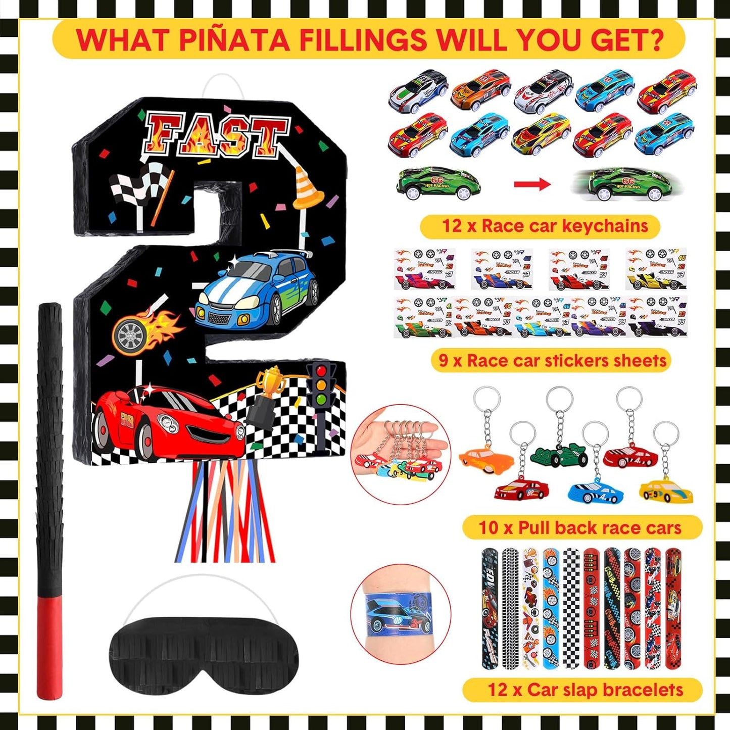 Pasimy Number 3 Piñata Race Car Party Favors Set with Black Red Birthday Piñata Stick Blindfold Slap Bracelet Keychain Sticker Racecar Party Gifts Birthday Decorations Goodie Bag Stuffer Supplies