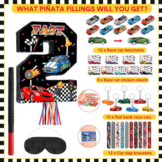 Pasimy Number 3 Piñata Race Car Party Favors Set with Black Red Birthday Piñata Stick Blindfold Slap Bracelet Keychain Sticker Racecar Party Gifts Birthday Decorations Goodie Bag Stuffer Supplies