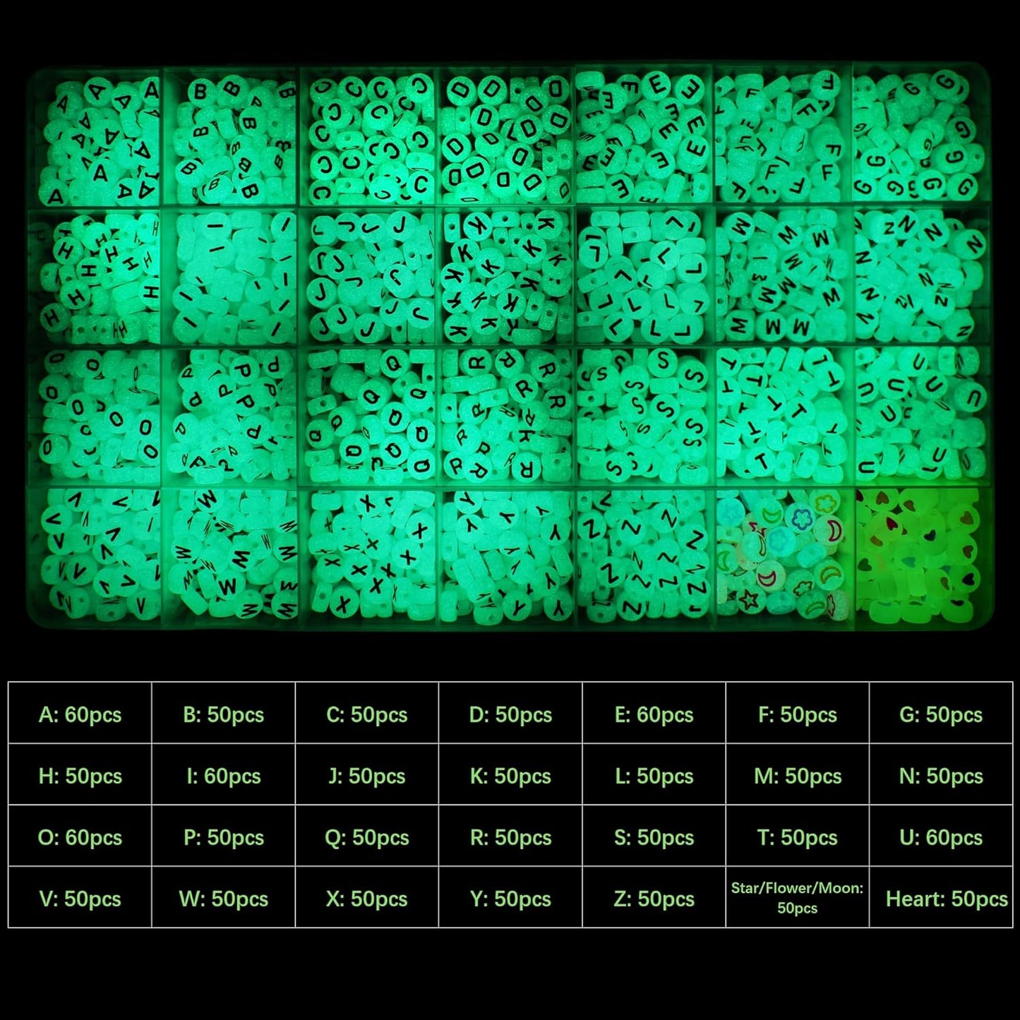 Melius 1450Pcs Acrylic Glow Letter Beads, Alphabetical Glowing in The Dark Beads in 28 Grid Box for Jewelry Making, DIY Bracelets, Necklaces, Key Chains (Glowing, 4x7mm)
