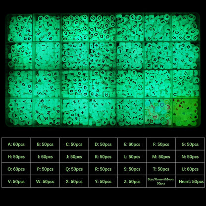 Melius 1450Pcs Acrylic Glow Letter Beads, Alphabetical Glowing in The Dark Beads in 28 Grid Box for Jewelry Making, DIY Bracelets, Necklaces, Key Chains (Glowing, 4x7mm)