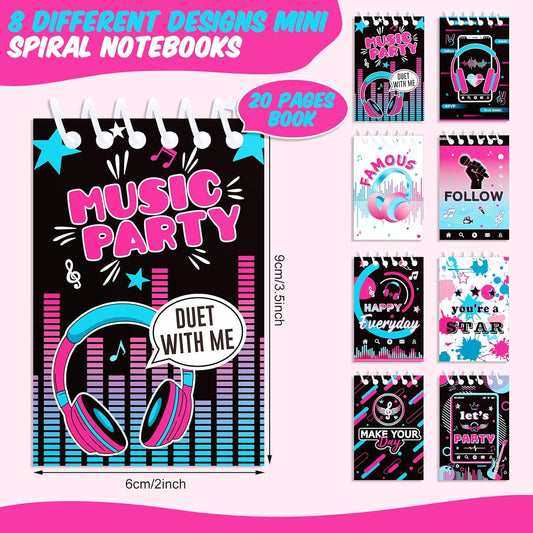Zonon 24 PCS Music Mini Notepads Social Media Theme Notebook Set Music Birthday Party Favors Memo Spiral Notebooks Bulk Party Prizes for Birthday Gift Bags Fillers Supplies(Classic)