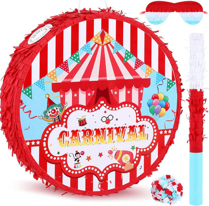 Deekin Large Carnival Piñata Stick with Blindfold Confetti Set Circus Tent Piñata for Birthday Carnival Theme Party Decorations Gaming Holiday Celebration Game Supply