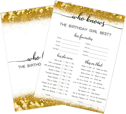 Gold Glitter Birthday Party Game Cards Set, Ever or Never, for Girl Birthdays Supplies, Activity Decorations Double Sided Set of 30 Pcs