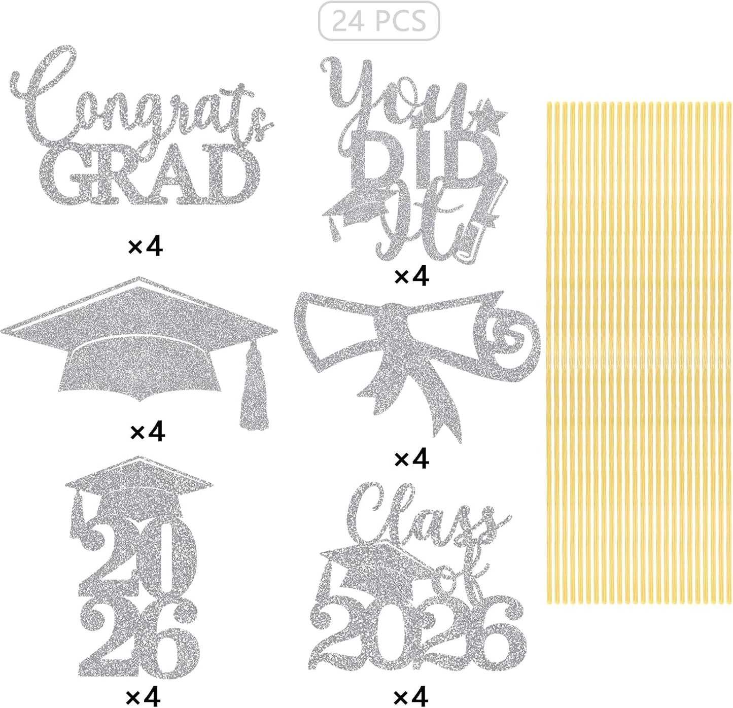 Graduation Centerpiece Sticks 24PCS Glitter Grad Picks Party Table Decor Senior High School College Sign Gold