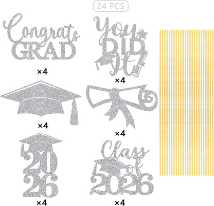 Graduation Centerpiece Sticks 24PCS Glitter Grad Picks Party Table Decor Senior High School College Sign Gold